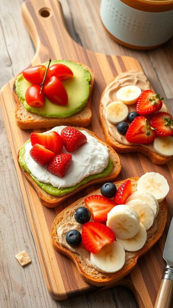 An assortment of toast topped with avocado, ricotta, berries, and peanut butter on a wooden board.
